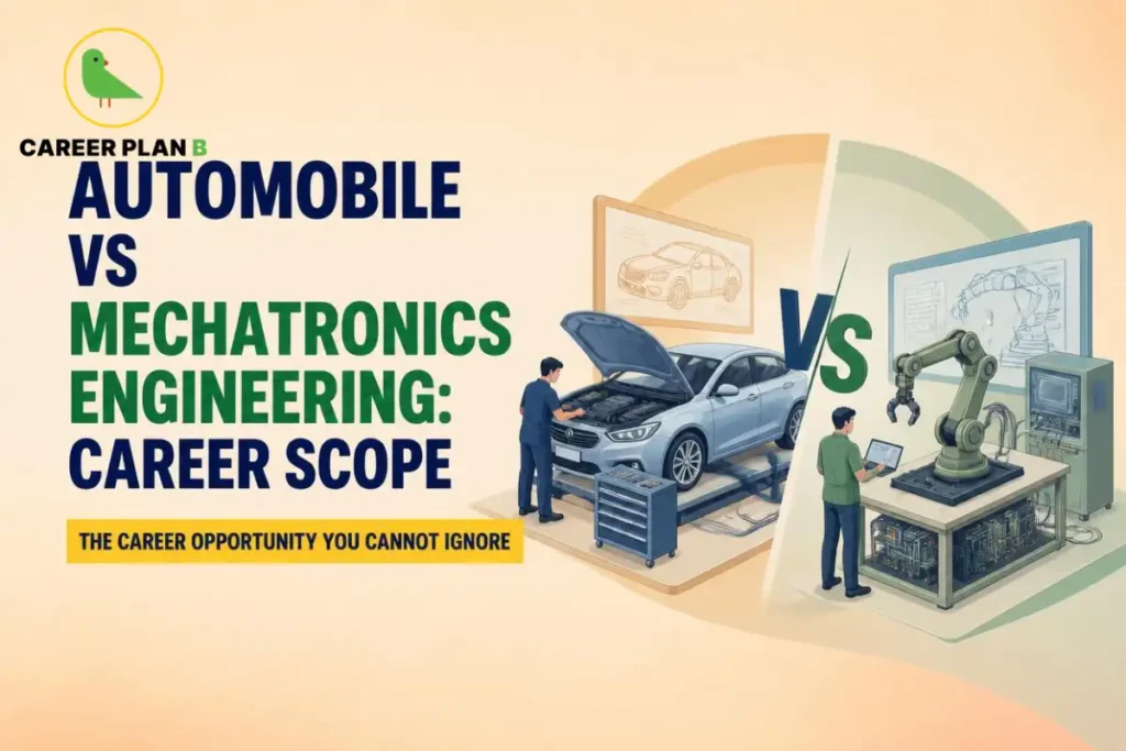 Comparison of automobile vs mechatronics engineering showing a car engineer inspecting a vehicle and a mechatronics engineer programming a robotic arm.