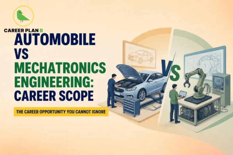 Comparison of automobile vs mechatronics engineering showing a car engineer inspecting a vehicle and a mechatronics engineer programming a robotic arm.