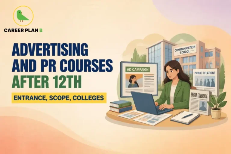 Career Plan B infographic on Advertising and PR Courses After 12th. It highlights entrance exams, top communication schools, career scope, public relations, advertising, media studies, and admission pathways for aspiring students.