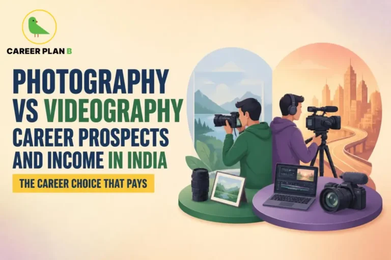 Career Plan B infographic comparing Photography vs Videography in India. It highlights career prospects, income potential, equipment, editing tools, and job opportunities for photographers and videographers.