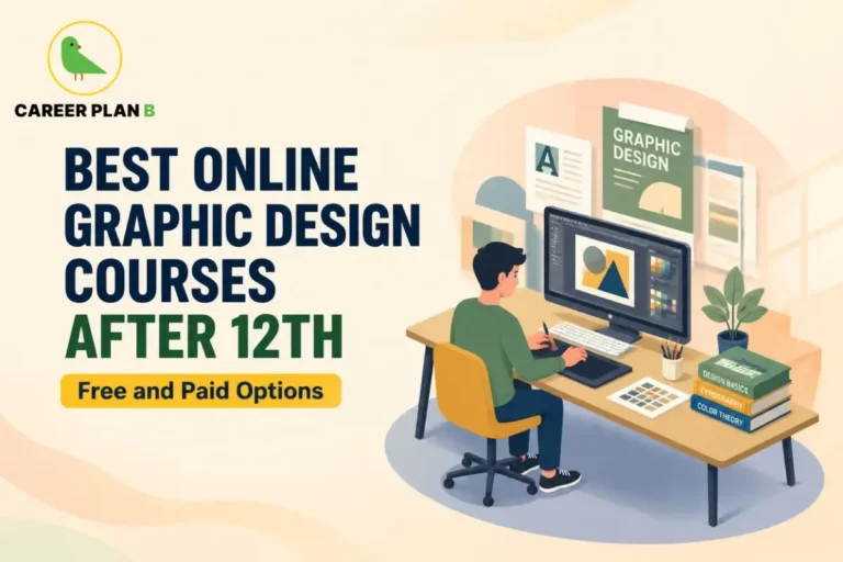 Career Plan B infographic on the best online graphic design courses after 12th. It features free and paid graphic design courses, Adobe Creative Cloud, typography, colour theory, portfolio building, and design career pathways.