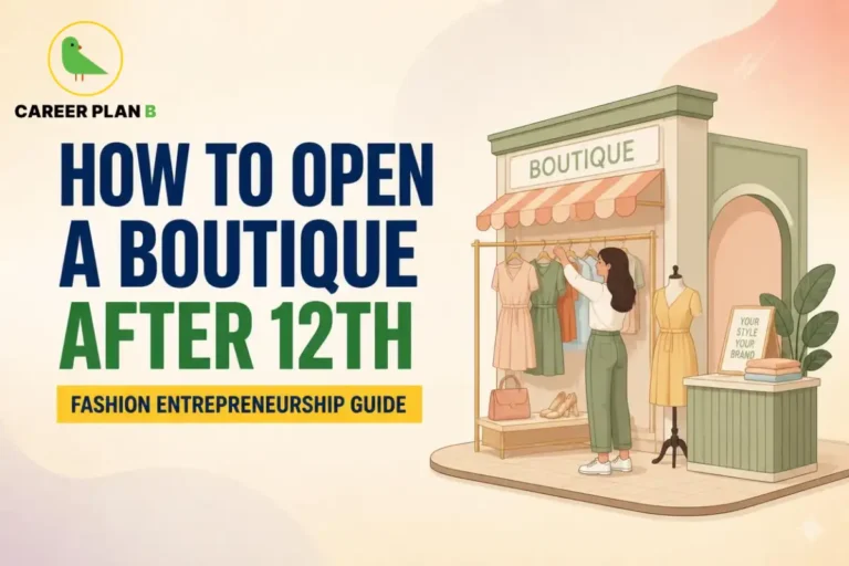 Career Plan B infographic on how to open a boutique after 12th. It highlights fashion entrepreneurship, boutique business planning, clothing retail, branding, startup registration, and essential steps to launch a fashion boutique in India.