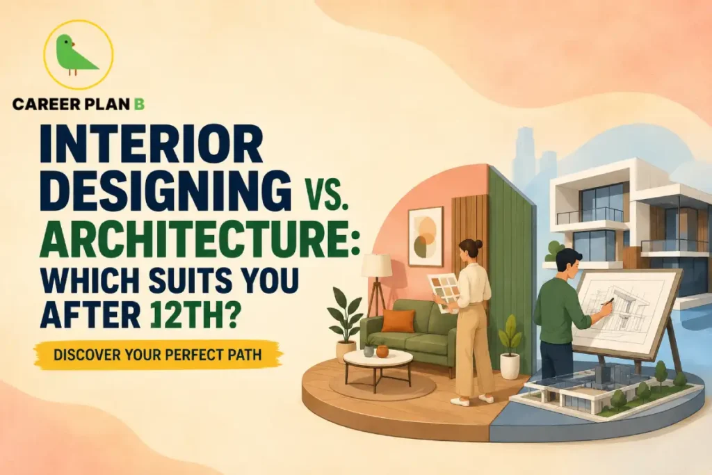Career Plan B infographic comparing Interior Designing vs Architecture after 12th. It highlights eligibility, career paths, design skills, residential interiors, architectural planning, and helps students choose the right design career.