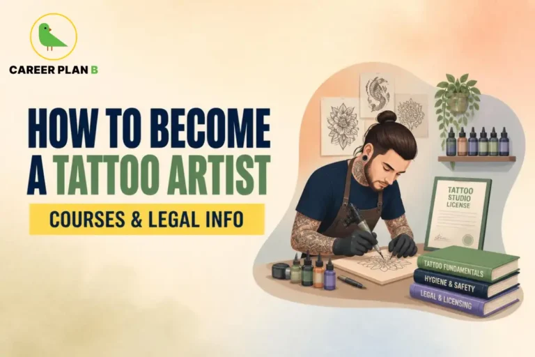 Career Plan B infographic on how to become a tattoo artist in India. It covers tattoo artist courses, apprenticeships, hygiene and safety training, legal requirements, studio licensing, and career opportunities for aspiring tattoo professionals.