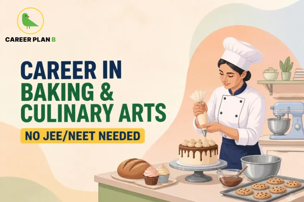 Career Plan B infographic on a career in Baking and Culinary Arts after Class 12. It highlights NCHM JEE, culinary arts courses, baking training, hospitality careers, and professional opportunities without JEE or NEET.