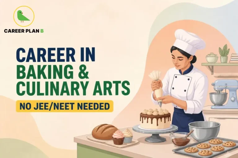 Career Plan B infographic on a career in Baking and Culinary Arts after Class 12. It highlights NCHM JEE, culinary arts courses, baking training, hospitality careers, and professional opportunities without JEE or NEET.