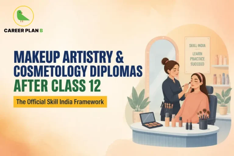 Career Plan B infographic on Makeup Artistry & Cosmetology Diplomas After Class 12. It highlights Skill India courses, B&WSSC certification, cosmetology training, makeup artistry skills, and career opportunities in the beauty and wellness sector.