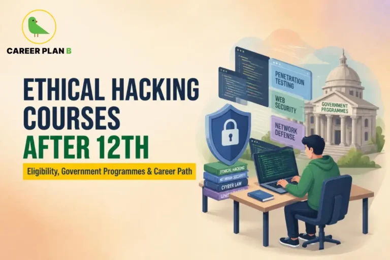 Career Plan B infographic on Ethical Hacking Courses After 12th. It highlights government cybersecurity programmes, penetration testing, web security, network defence, Skill India initiatives, and career pathways for aspiring ethical hackers.