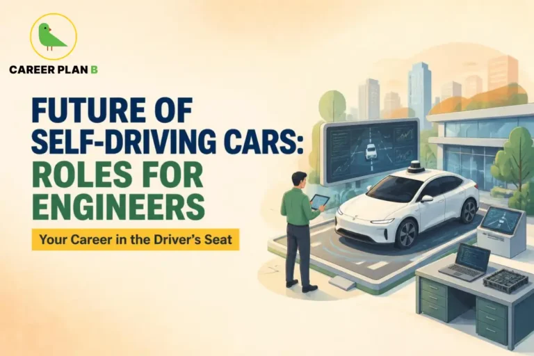 This image contains a Career Plan B educational infographic titled “Future of Self-Driving Cars: Roles for Engineers,” featuring an automobile engineer testing a self-driving car with digital dashboards, autonomous driving software, sensors, and a smart vehicle, representing autonomous vehicle technology, ADAS engineering, and automobile engineering careers.