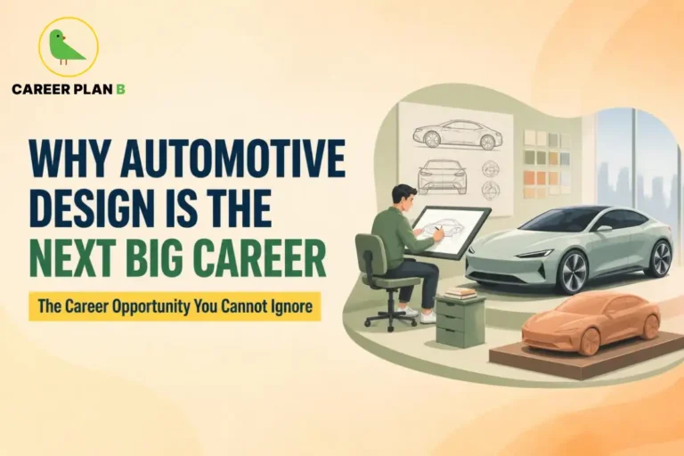 This image contains a Career Plan B educational infographic titled “Why Automotive Design is the Next Big Career,” featuring an automotive designer sketching a car concept beside digital vehicle designs, concept cars, and a modern electric vehicle, representing automotive design, vehicle styling, and automotive design career opportunities in India.