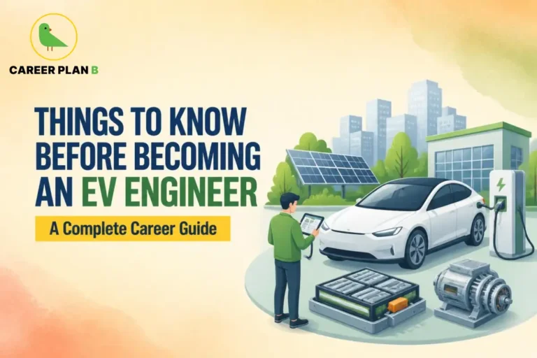 This image contains a Career Plan B educational infographic titled “Things to Know Before Becoming an EV Engineer,” featuring an EV engineer inspecting an electric car with a charging station, battery pack, electric motor, and solar panels, representing EV engineering, electric vehicle technology, and career opportunities in India.