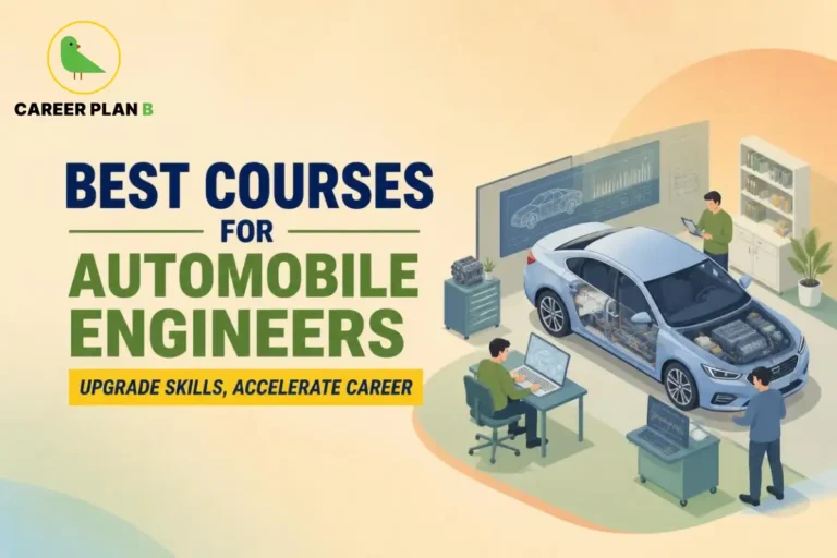 This image contains a Career Plan B educational infographic titled “Best Courses for Automobile Engineers in 2026,” featuring automobile engineers working on a modern car with digital design screens, laptops, and vehicle diagnostics, representing automobile engineering courses, automotive technology, skill development, and career growth.
