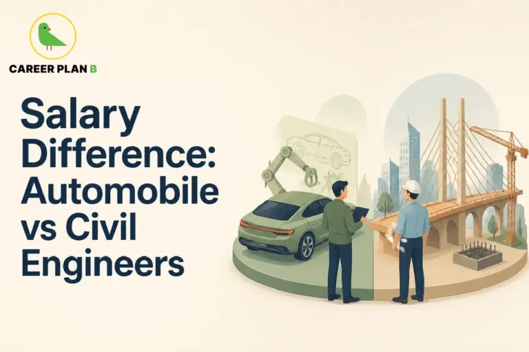 This image contains a Career Plan B educational infographic titled “Salary Difference: Automobile vs Civil Engineers,” featuring an automobile engineer beside a modern car and robotic arm alongside a civil engineer inspecting a bridge construction site, representing salary comparison, engineering careers, infrastructure, and automotive industry opportunities.