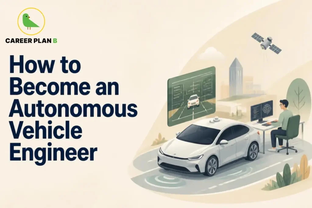 This image contains a Career Plan B educational infographic titled “How to Become an Autonomous Vehicle Engineer,” featuring a self-driving car, an engineer working on AI-powered vehicle software, digital driving simulations, and satellite connectivity, representing autonomous vehicles, artificial intelligence, robotics, and automotive engineering careers.