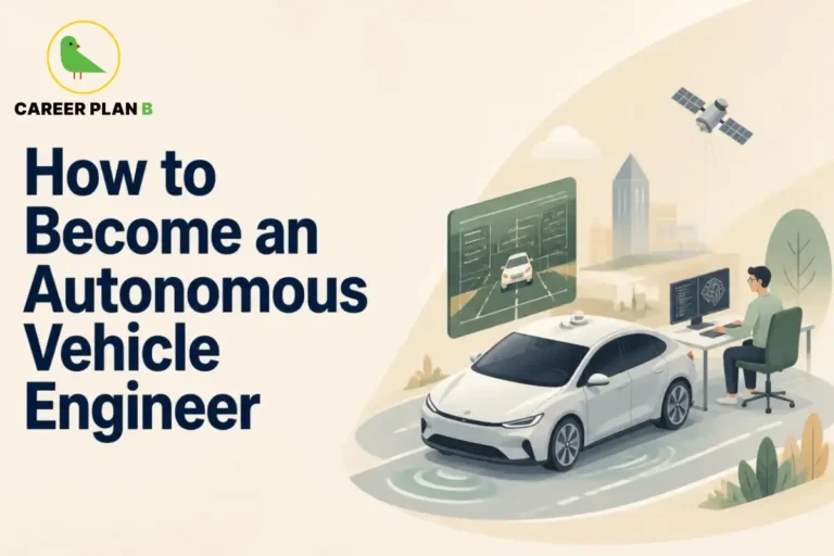 This image contains a Career Plan B educational infographic titled “How to Become an Autonomous Vehicle Engineer,” featuring a self-driving car, an engineer working on AI-powered vehicle software, digital driving simulations, and satellite connectivity, representing autonomous vehicles, artificial intelligence, robotics, and automotive engineering careers.