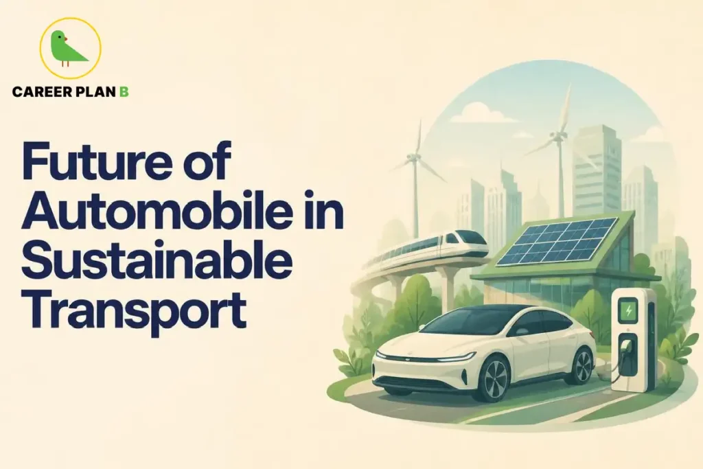 This image contains a Career Plan B educational infographic titled “Future of Automobile in Sustainable Transport,” featuring an electric car, EV charging station, solar-powered building, wind turbines, and modern public transport, representing sustainable mobility, clean energy, electric vehicles, and future automobile engineering careers.
