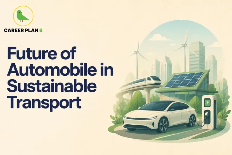 This image contains a Career Plan B educational infographic titled “Future of Automobile in Sustainable Transport,” featuring an electric car, EV charging station, solar-powered building, wind turbines, and modern public transport, representing sustainable mobility, clean energy, electric vehicles, and future automobile engineering careers.
