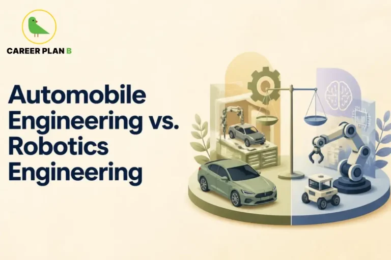 This image contains a Career Plan B educational infographic comparing Automobile Engineering vs Robotics Engineering, featuring a modern car, robotic arm, autonomous robot, balancing scale, AI brain icon, and automotive manufacturing setup, highlighting career paths, engineering disciplines, automation technology, vehicle design, robotics innovation, and future engineering opportunities.