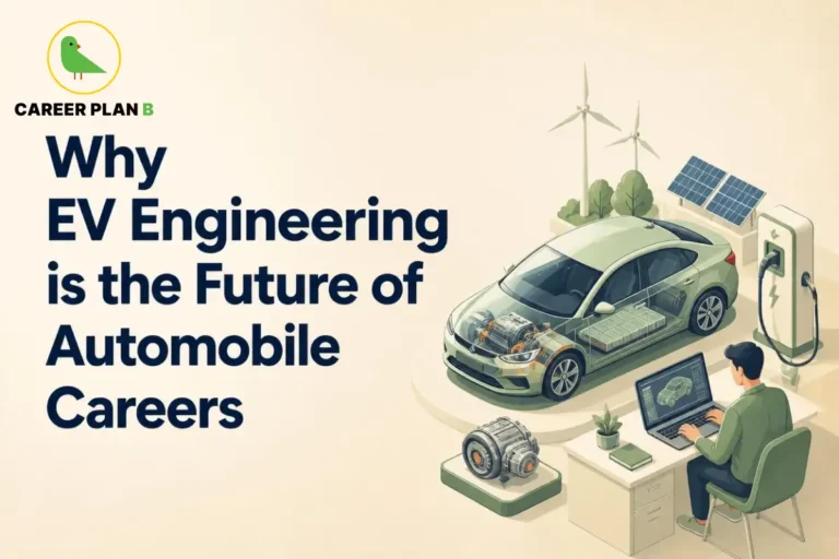 This image contains a Career Plan B educational infographic on Why EV Engineering is the Future of Automobile Careers, featuring an electric vehicle with a visible battery pack, EV motor, charging station, solar panels, wind turbines, and an engineer working on a digital vehicle model, highlighting electric vehicle engineering, battery technology, sustainable mobility, renewable energy, and future automobile career opportunities.