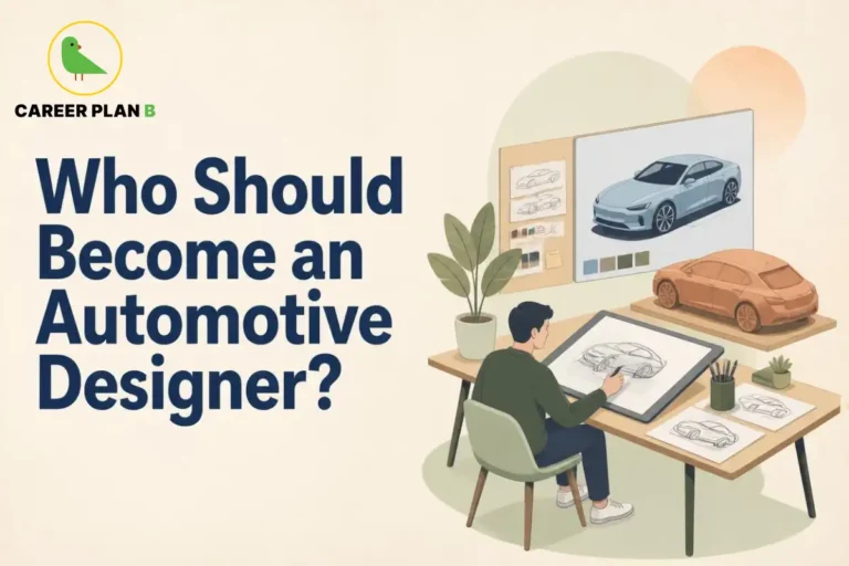 This image contains a Career Plan B educational infographic on who should become an Automotive Designer, featuring a designer sketching a car on a digital drawing tablet, automotive design concepts, 3D vehicle models, car prototypes, design boards, and a modern workstation, highlighting automotive design careers, creative engineering, vehicle styling, product design, and transportation design opportunities.