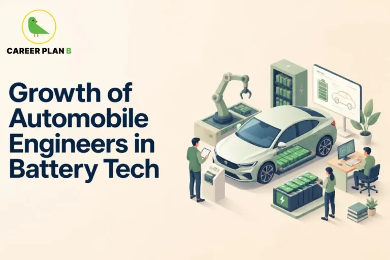 This image contains a Career Plan B educational infographic on the growth of Automobile Engineers in Battery Tech, featuring an electric vehicle with a visible battery pack, battery modules, robotic manufacturing arm, battery storage system, EV charging display, engineers inspecting battery components, and a digital monitoring workstation, highlighting battery technology, EV manufacturing, battery management systems, electric mobility, and future automobile engineering careers.