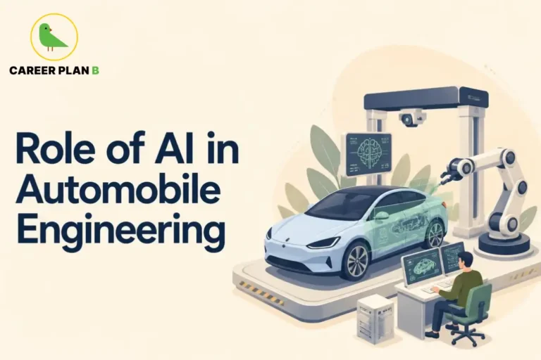 This image contains a Career Plan B educational infographic on the role of AI in Automobile Engineering, featuring an AI-powered electric car, robotic arm, intelligent manufacturing system, digital vehicle dashboard, AI brain interface, engineer working on automotive software, and smart factory automation, highlighting artificial intelligence, ADAS, autonomous vehicles, automotive innovation, predictive maintenance, and future engineering careers.