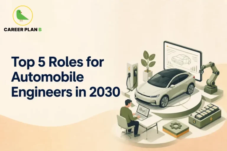 This image contains a Career Plan B educational infographic on the top 5 roles for automobile engineers in 2030, featuring an electric vehicle, battery pack, EV charging station, robotic arm, engineer using automotive software, and AI-powered vehicle systems, highlighting EV engineering, battery technology, autonomous vehicles, AI, sustainable manufacturing, and future automobile careers.