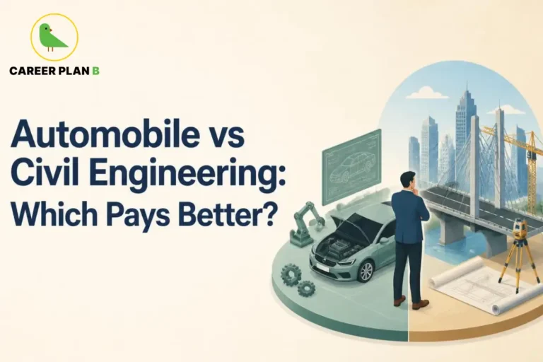 This image contains a Career Plan B educational infographic comparing automobile vs civil engineering, featuring an automobile engineer, modern vehicle, robotic manufacturing arm, bridge construction site, surveying equipment, civil engineering blueprints, and urban infrastructure, highlighting salary comparison, government jobs, private sector careers, engineering specialisations, and future career opportunities.