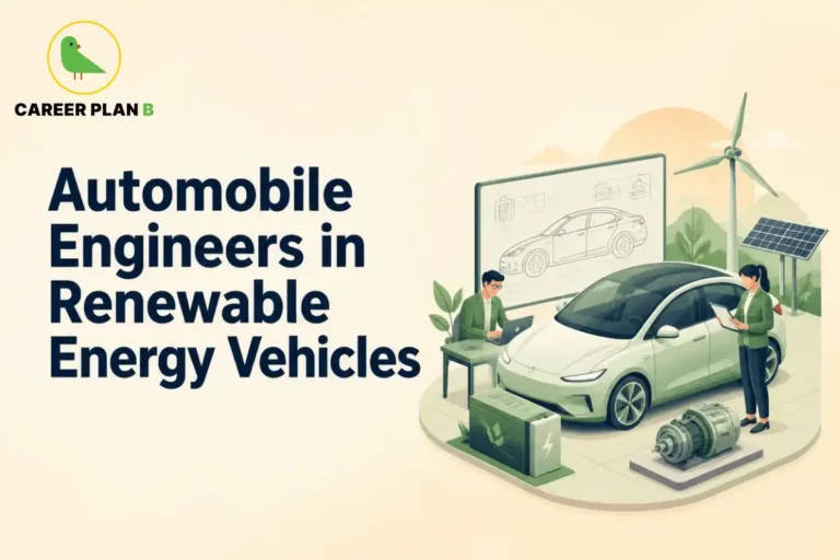 This image contains a Career Plan B educational infographic on automobile engineers in renewable energy vehicles, featuring an electric vehicle, battery pack, hydrogen powertrain, automotive engineers, digital vehicle design interface, wind turbine, solar panels, and clean energy infrastructure, highlighting renewable energy vehicles, hydrogen mobility, sustainable transportation, green engineering, and future automobile careers.