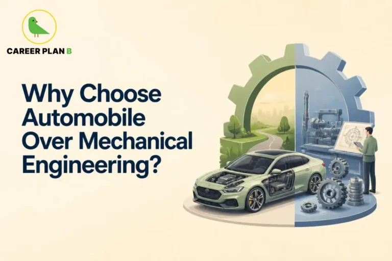 This image contains a Career Plan B educational infographic comparing automobile and mechanical engineering, featuring a modern car with visible engine components, mechanical gears, industrial machinery, automotive engineer, engineering design blueprint, and manufacturing equipment, highlighting automobile engineering, mechanical engineering, EV technology, vehicle design, manufacturing, career comparison, and future engineering opportunities.