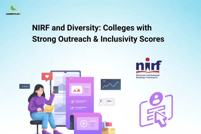 An educational graphic by Career Plan B titled "NIRF and Diversity: Colleges with Strong Outreach & Inclusivity Scores." The design features a light blue background showcasing an illustration of a woman working on a laptop alongside a large smartphone interface displaying content blocks and a growth chart. The official National Institutional Ranking Framework (NIRF) logo is featured on the right, accompanied by a digital profile registration icon, with the green bird icon of the Career Plan B logo placed in the top left corner.