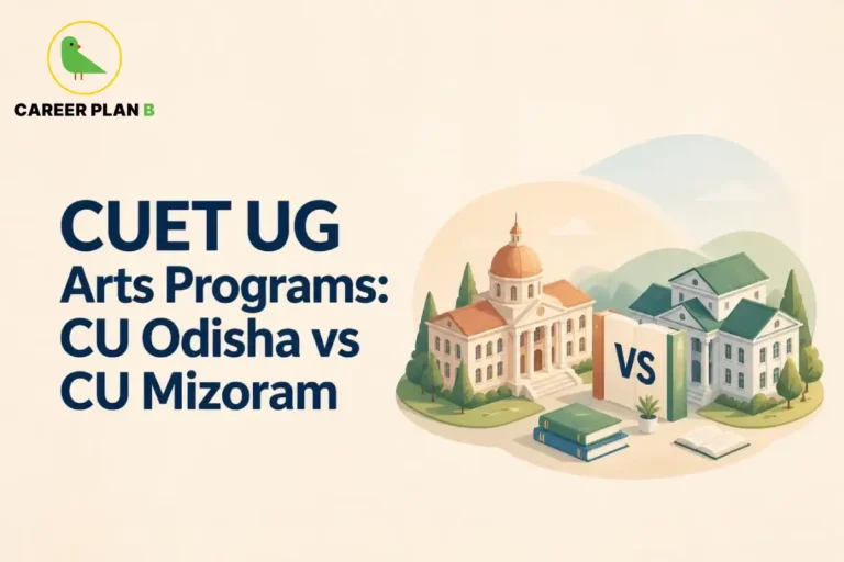Graphic comparing CUET UG arts programs at CU Odisha versus CU Mizoram, featuring campus illustrations by Career Plan B.