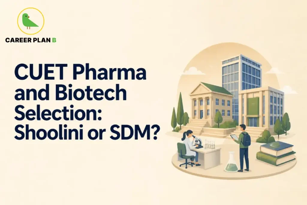 Graphic comparing CUET pharma and biotech selection between Shoolini University and SDM, featuring student and lab illustrations.