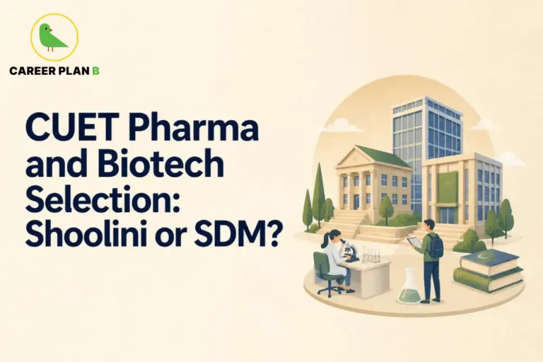 Graphic comparing CUET pharma and biotech selection between Shoolini University and SDM, featuring student and lab illustrations.