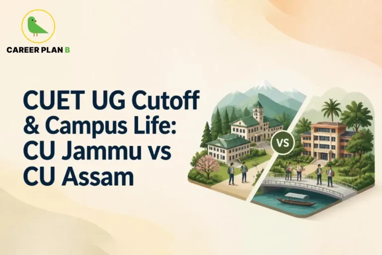 Graphic comparing CUET UG cutoff and campus life for Central University of Jammu versus Central University of Assam.