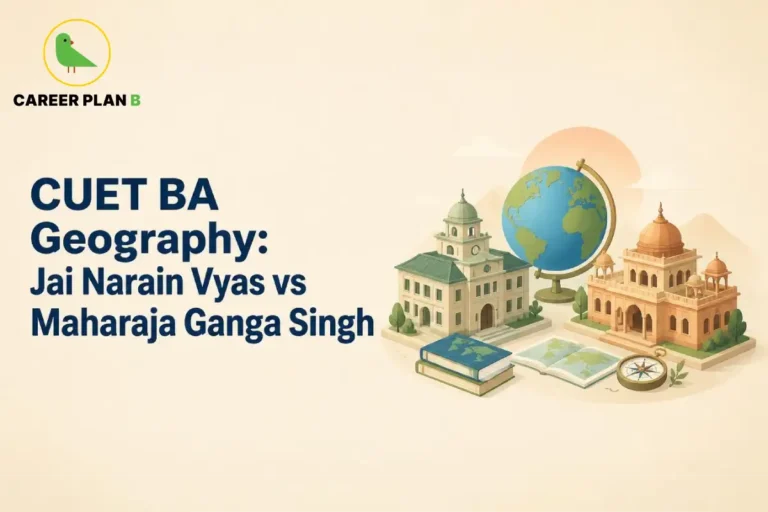 Graphic comparing CUET BA Geography programs at Jai Narain Vyas University versus Maharaja Ganga Singh University.