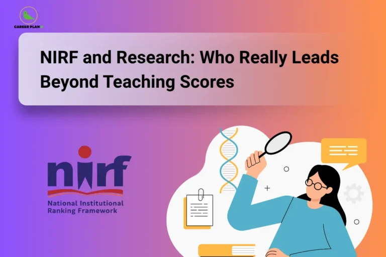 An educational analysis graphic by Career Plan B titled "NIRF and Research: Who Really Leads Beyond Teaching Scores." The graphic features a vibrant purple-to-orange gradient background showing a woman with glasses holding a magnifying glass next to a DNA strand illustration and a research document. The official NIRF (National Institutional Ranking Framework) logo sits on the bottom left, and the Career Plan B green bird logo is positioned in the upper left corner.