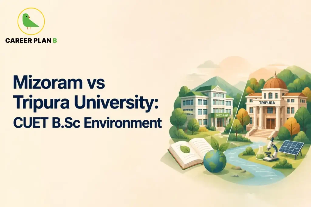 Graphic comparing Mizoram University vs Tripura University for CUET B.Sc Environment programs.