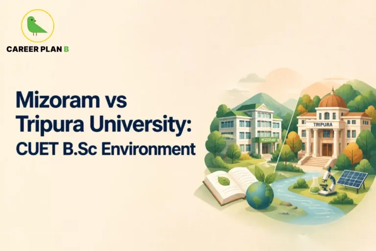 Graphic comparing Mizoram University vs Tripura University for CUET B.Sc Environment programs.