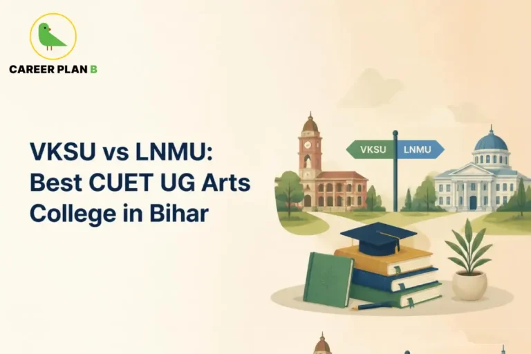 Graphic comparing VKSU vs LNMU for the best CUET UG arts college in Bihar, featuring books and a directional signpost.