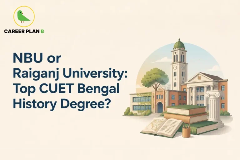 Graphic asking NBU or Raiganj University for top CUET Bengal history degree, featuring university buildings and books.
