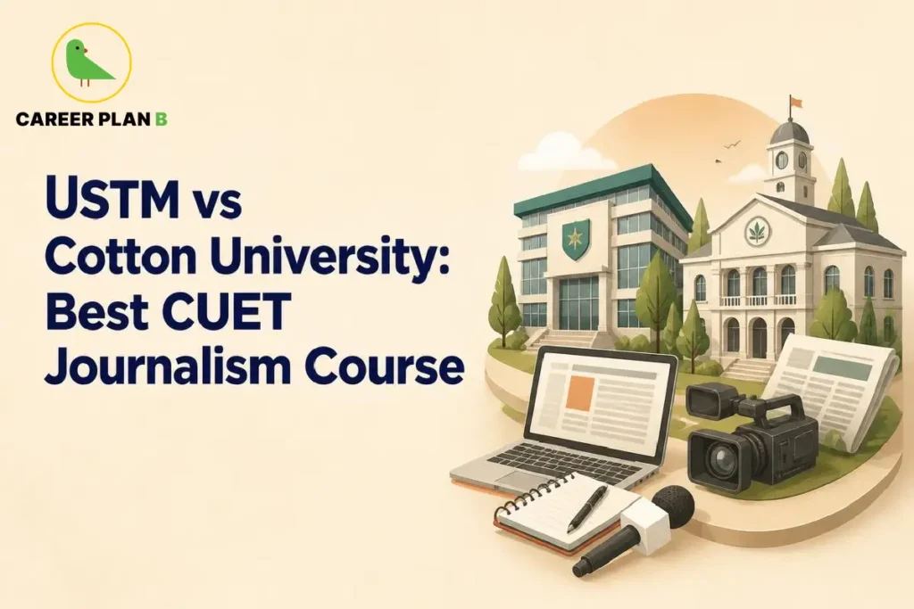 Journalism equipment including a laptop, video camera, microphone, and newspaper set against university buildings.