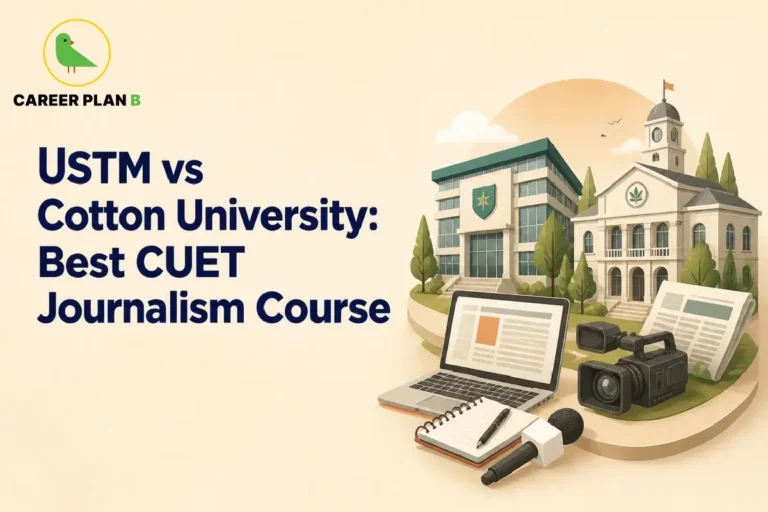 Journalism equipment including a laptop, video camera, microphone, and newspaper set against university buildings.