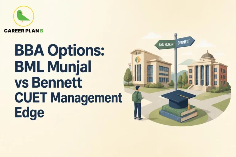 Career Plan B graphic comparing BBA options at BML Munjal vs Bennett University with CUET management edge.