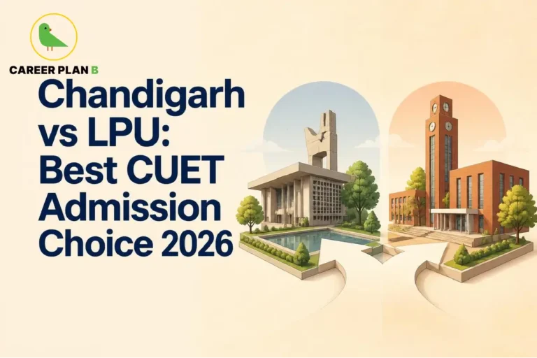 Career Plan B graphic comparing Chandigarh University vs LPU as CUET admission choices for 2026.