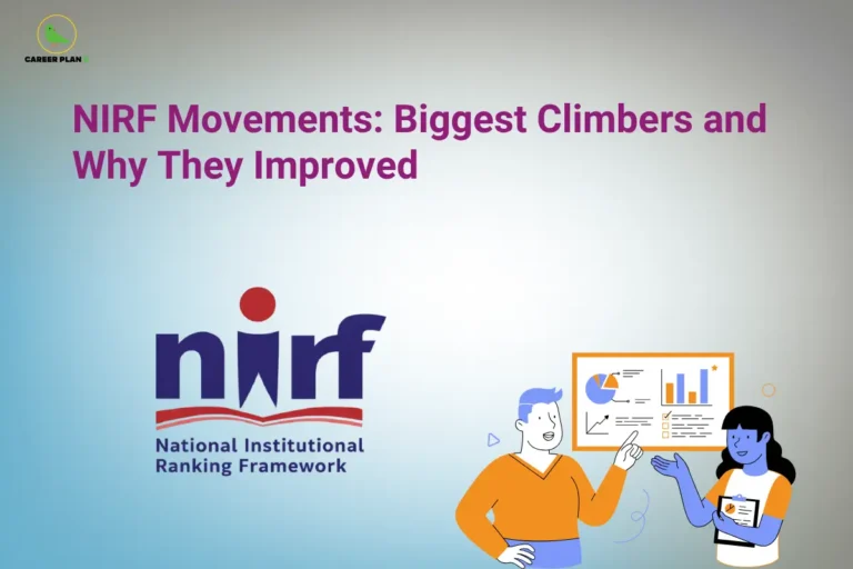 An analysis presentation graphic by Career Plan B titled "NIRF Movements: Biggest Climbers and Why They Improved." The image features a light blue and white gradient background displaying the official National Institutional Ranking Framework (NIRF) logo on the left. On the right, an illustration shows a man and a woman discussing data presented on a growth chart and a pie chart board, while the Career Plan B green bird logo is located in the top-left corner.