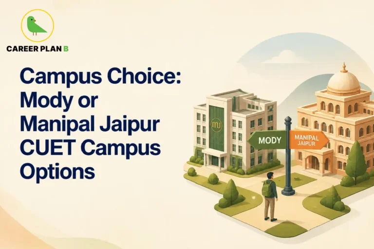 Illustration of a student at a crossroads between Mody University and Manipal University Jaipur for CUET campus options.