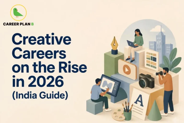 Creative Careers – Creative Careers on the Rise in 2026 (India Guide) illustration showing professionals working in graphic design, digital art, content creation, photography, writing, video production, creative media, laptop-based work, camera, drawing tablet, play button, paint palette, and creative industry careers in India.