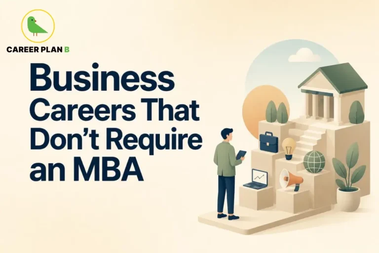 Business Careers Without an MBA – Business Careers That Don't Require an MBA illustration showing a business professional, bank building, briefcase, laptop, business chart, megaphone, and career growth icons representing finance, entrepreneurship, business analytics, sales, HR, and management careers without an MBA.