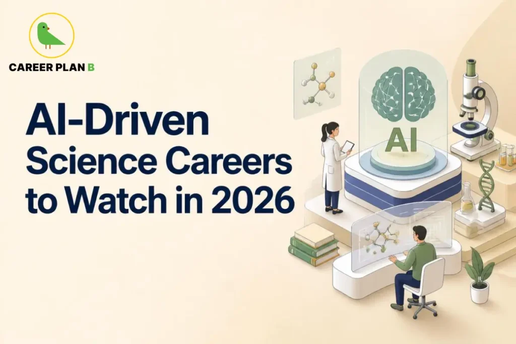 AI-driven science careers featured in "AI-Driven Science Careers to Watch in 2026 (India Guide)" showing researchers using artificial intelligence for biotechnology, genomics, computational biology, laboratory research, machine learning, microscopes, DNA analysis, and scientific innovation in India.